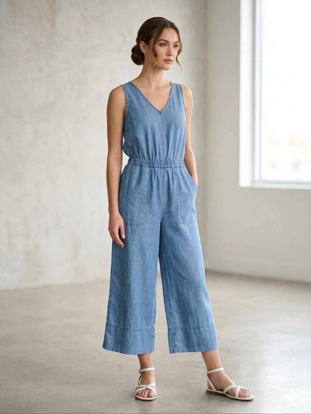 #100a Splendid Indigo V-Neck WideLeg Cropped StylingSleevelessJumpsuit P2p18 L47